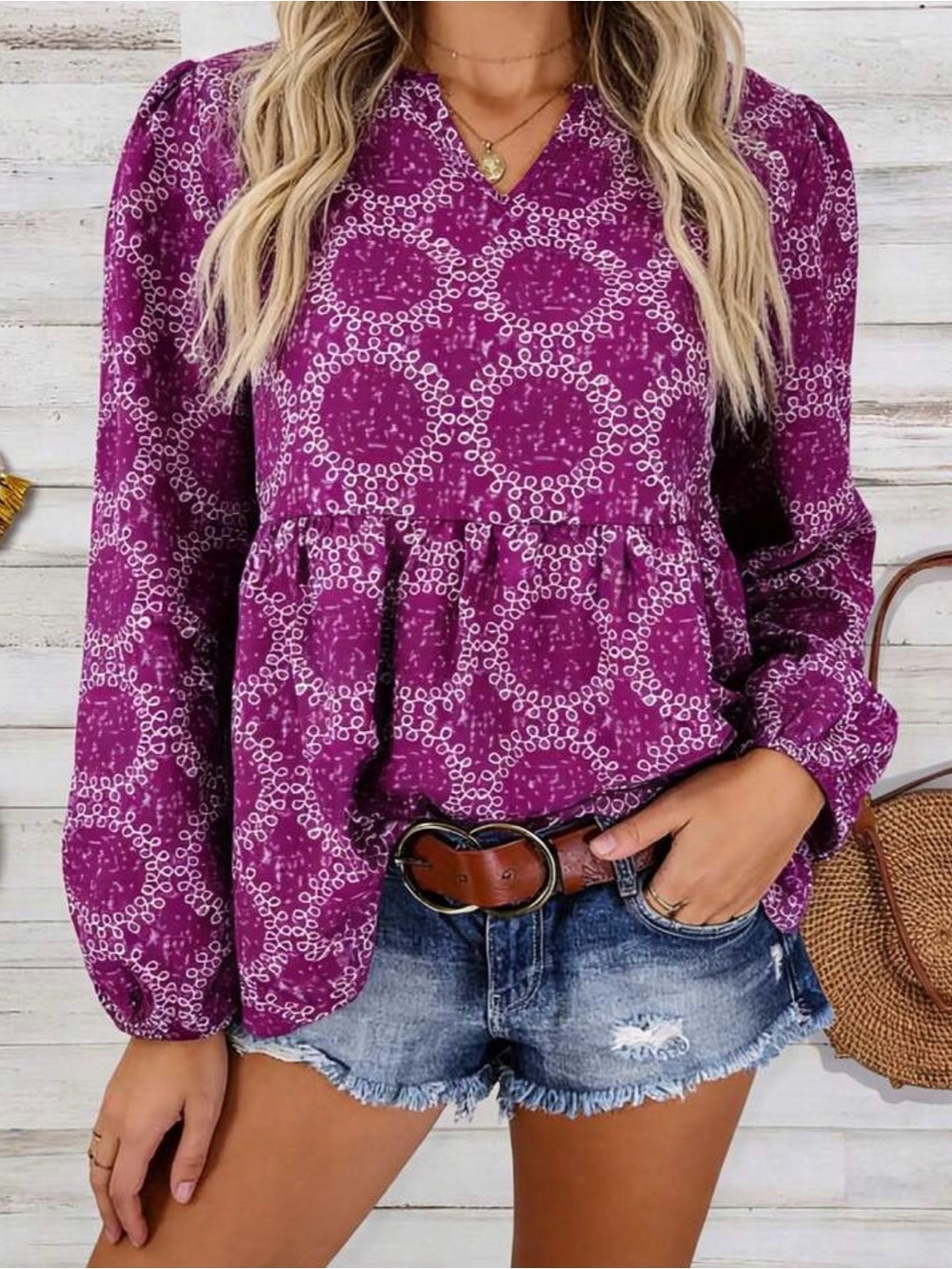 Womens Purple Printed Peplum Blouse - Classic V-Neck